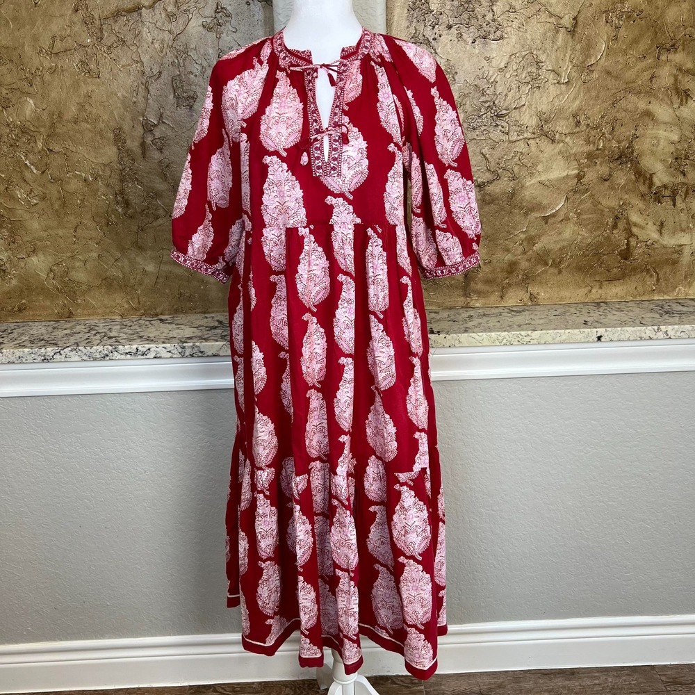 Matta‎ Midi Dress Womens Medium Puff Sleeve Tiered Paisley Boho Red White
